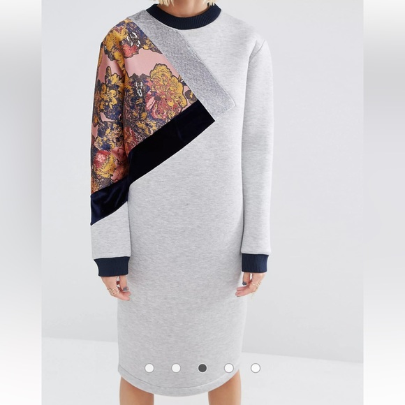 NWT ASOS WHITE Gray Sweat Midi Dress With Floral Jacquard and Velvet Insert - Picture 2 of 11